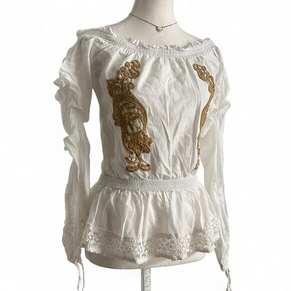 100% Cotton Off The Shoulder Vintage Embroidered Boho Blouse Cinched Size XS - Picture 3 of 6